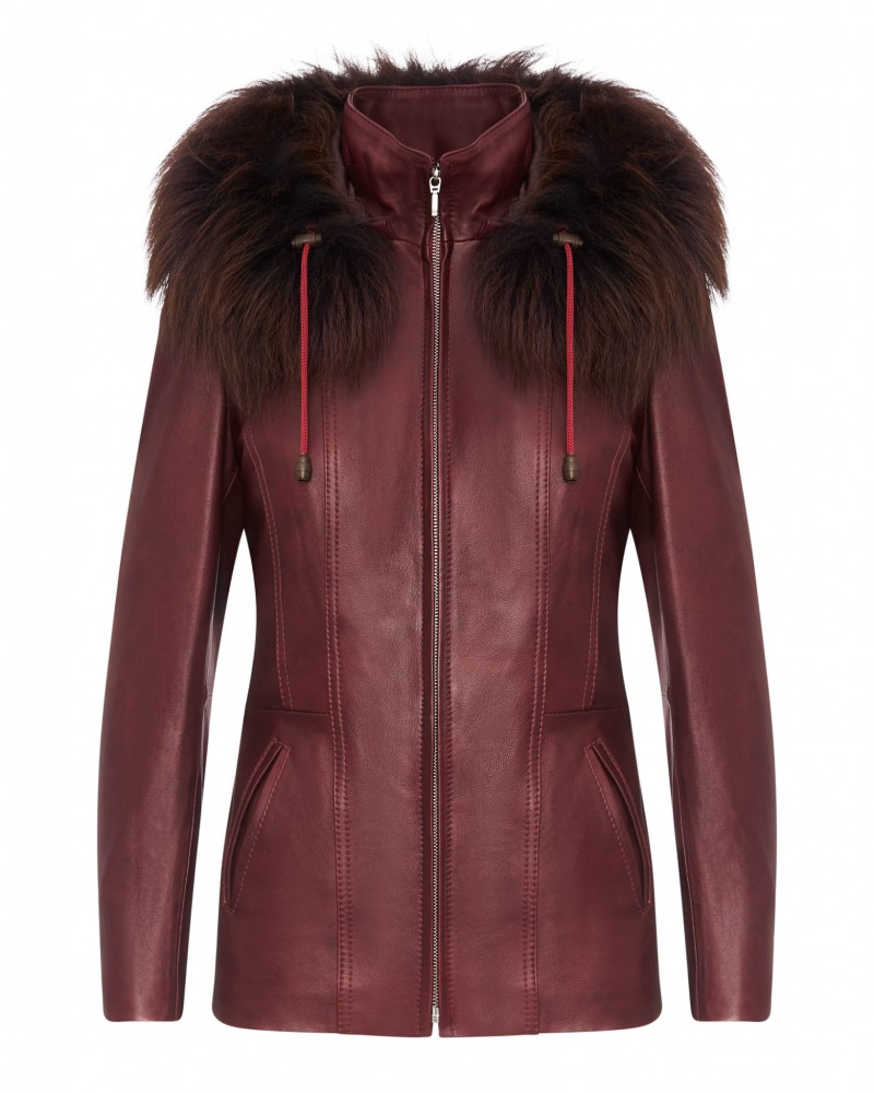 Kurtka skórzana damska w kolorze burgundowym z futrzanym kołnierzem i zapięciem na suwak