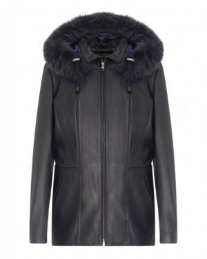 Kurtka skórzana damska w kolorze czarnym z kapturem i futrzanym wykończeniem, elegancki krój i boczne kieszenie