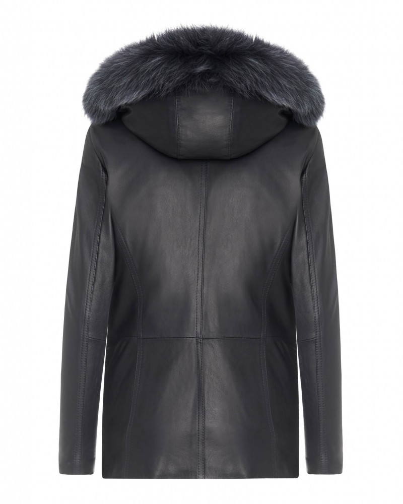 Kurtka skórzana damska w kolorze czarnym z kapturem i futrzanym wykończeniem przy kołnierzu