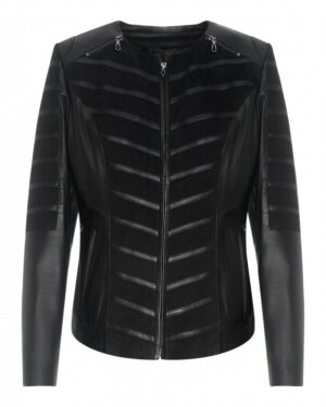 Kurtka skórzana damska w czarnym kolorze z ozdobnymi przeszyciami i zamkiem błyskawicznym z przodu