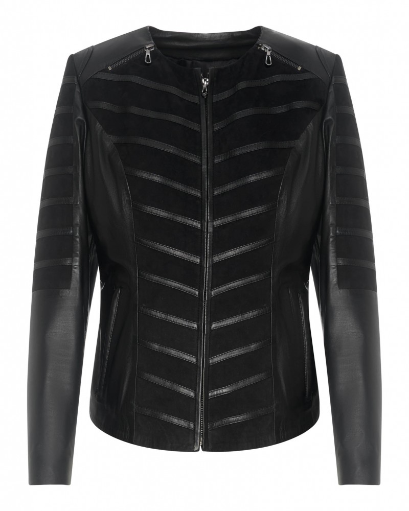Kurtka skórzana damska w czarnym kolorze z ozdobnymi przeszyciami i zamkiem błyskawicznym z przodu