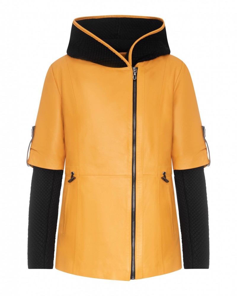 Kurtka skórzana damska w intensywnym żółtym kolorze z czarnym kapturem i krótkimi rękawami