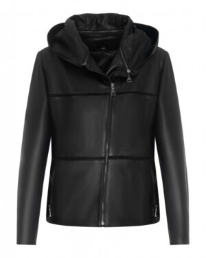 Kurtka skórzana damska w kolorze czarnym z kapturem, zamkiem błyskawicznym i bocznymi kieszeniami
