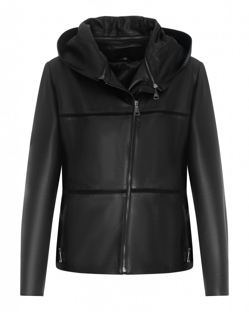 Kurtka skórzana damska w kolorze czarnym z kapturem, zamkiem błyskawicznym i bocznymi kieszeniami