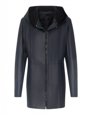 Kurtka skórzana damska w kolorze granatowym z kapturem, zapinana na zamek, o prostym kroju