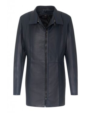 Kurtka skórzana damska w ciemnoniebieskim kolorze, z długim rękawem i zamkiem błyskawicznym z przodu