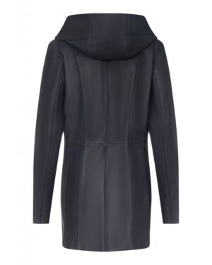 Kurtka skórzana damska w kolorze granatowym z kapturem i dopasowanym krojem, idealna na zimowe dni