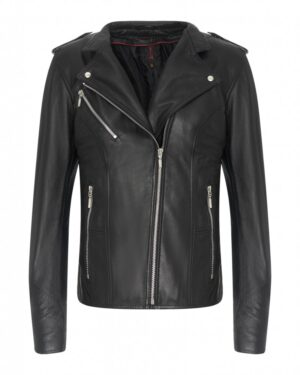 Kurtka skórzana damska w kolorze czarnym, z asymetrycznym zapięciem i kieszeniami na zamek