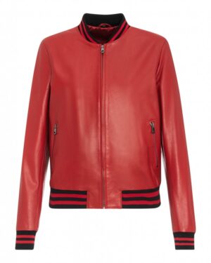 kurtka skórzana damska w intensywnym czerwonym kolorze z kontrastowym ściągaczem i zamkiem błyskawicznym