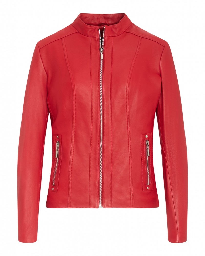 Kurtka skórzana damska w intensywnym czerwonym kolorze z zamkiem i kieszeniami na suwak