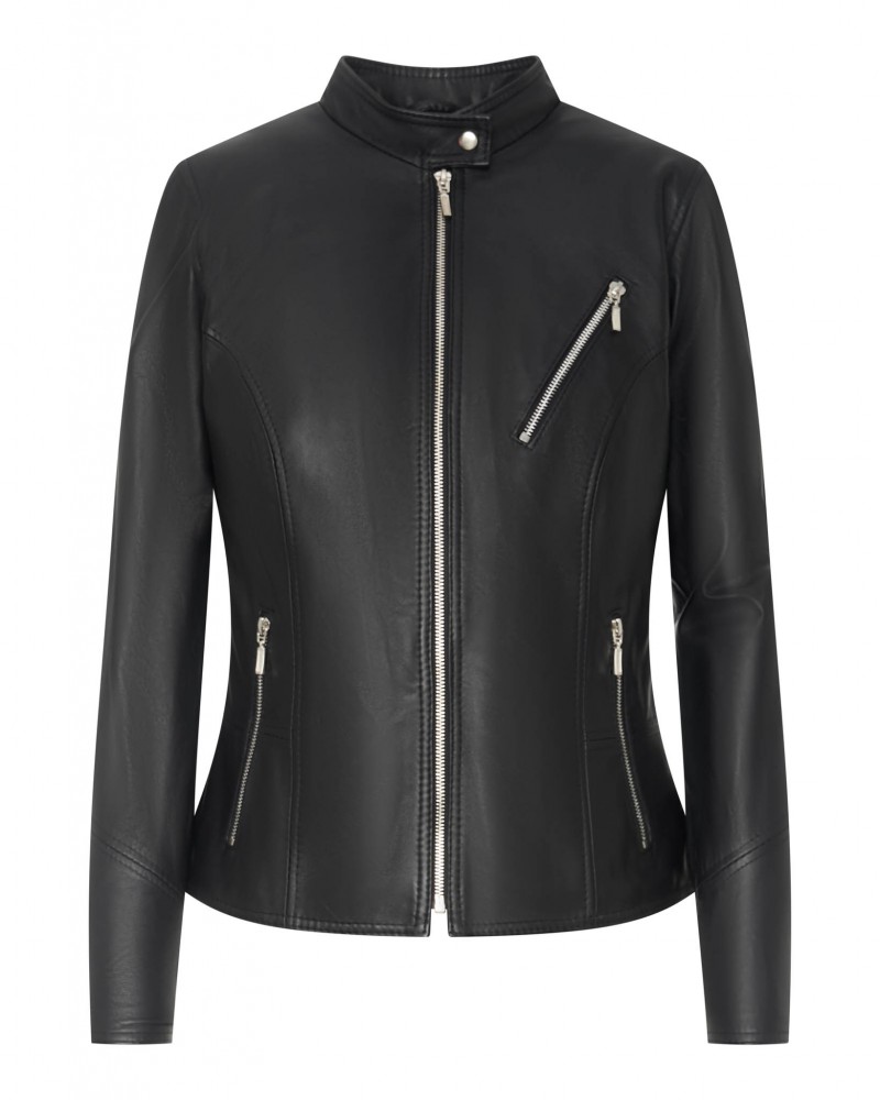 Kurtka skórzana damska w kolorze czarnym, z klasycznym kołnierzem i asymetrycznym zamkiem błyskawicznym