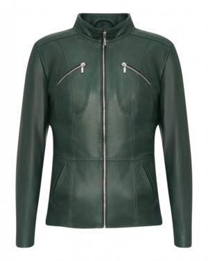 Kurtka skórzana damska w ciemnozielonym kolorze z zamkiem i kieszeniami na piersi oraz bocznymi kieszeniami