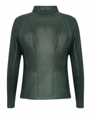 Kurtka skórzana damska w ciemnozielonym kolorze z eleganckim kołnierzem i dopasowanym krojem