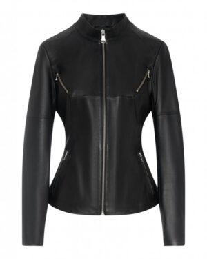 Kurtka skórzana damska w kolorze czarnym, dopasowany krój z zamkami i stójką, elegancki wygląd