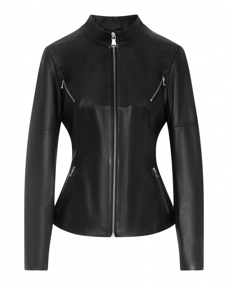 Kurtka skórzana damska w kolorze czarnym, dopasowany krój z zamkami i stójką, elegancki wygląd