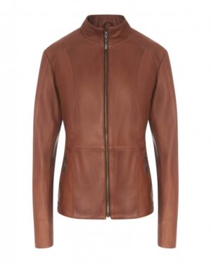 Kurtka skórzana damska w kolorze brązowym, z wysokim kołnierzem i zamkiem błyskawicznym z przodu