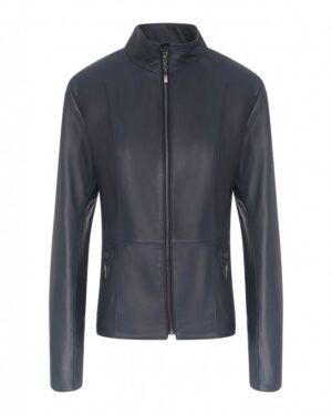 Kurtka skórzana męska w ciemnoniebieskim kolorze z wysokim kołnierzem i dwoma bocznymi kieszeniami