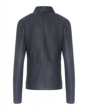 Kurtka skórzana damska w kolorze granatowym, dopasowany krój, klasyczny kołnierz, długie rękawy