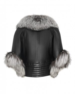 Kurtka skórzana damska z szarym futrzanym kołnierzem i rękawami, elegancki krój idealny na zimowe dni