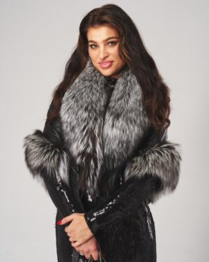 Kurtka skórzana damska z szarym futrem, z eleganckim kołnierzem i ozdobnymi rękawami
