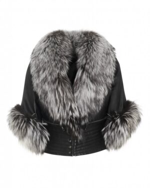 Elegancka Kurtka skórzana damska z futrzanym kołnierzem w odcieniach czerni i szarości, idealna na zimowe dni