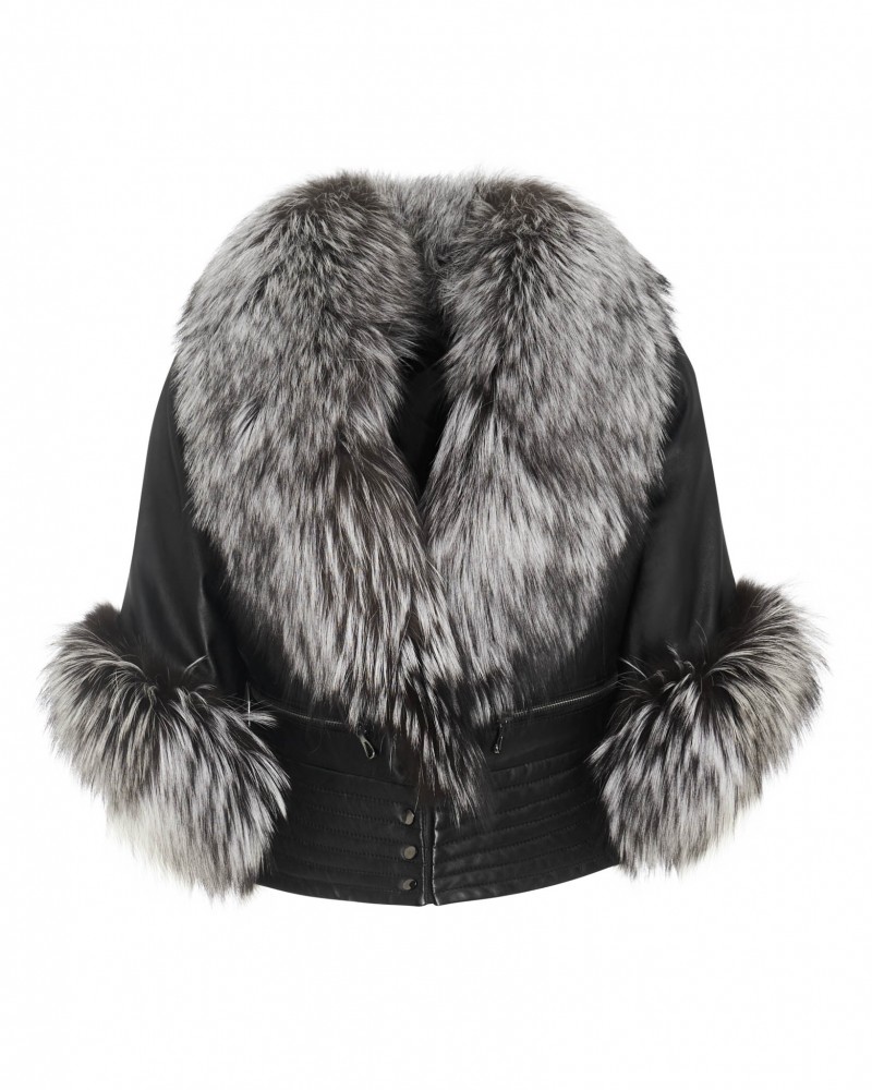 Elegancka Kurtka skórzana damska z futrzanym kołnierzem w odcieniach czerni i szarości, idealna na zimowe dni