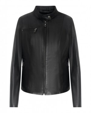 Kurtka skórzana damska w kolorze czarnym, z wysokim kołnierzem i zamkiem błyskawicznym z boku