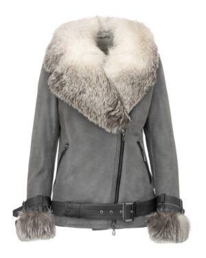 Kożuch damski w szarym kolorze z szerokim futrzanym kołnierzem i ozdobnymi mankietami