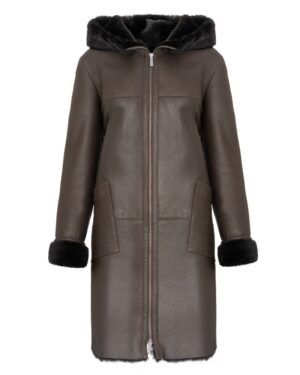 Kożuch damski w kolorze ciemnobrązowym z kapturem i futrzanym wykończeniem na rękawach i kołnierzu