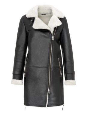 Kożuch damski z futrzanym kołnierzem i zamkiem błyskawicznym po bokach