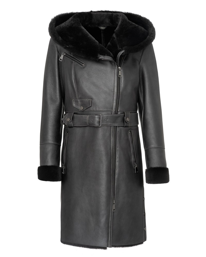 Kożuch damski z kapturem, zapięciem na zamek i paskiem w talii, z futrzanym wykończeniem rękawów