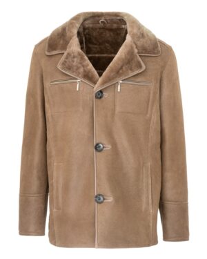 Kożuch męski w kolorze brązowym z klasycznym kołnierzem i guzikami, idealny na zimowe dni