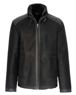 Czarny kożuch męski z wysokim kołnierzem, zamkiem błyskawicznym i skórzanymi detalami na ramionach