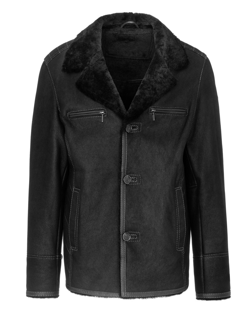 Czarny kożuch męski z dużym kołnierzem, zamkami i guzikami, idealny na zimowe dni