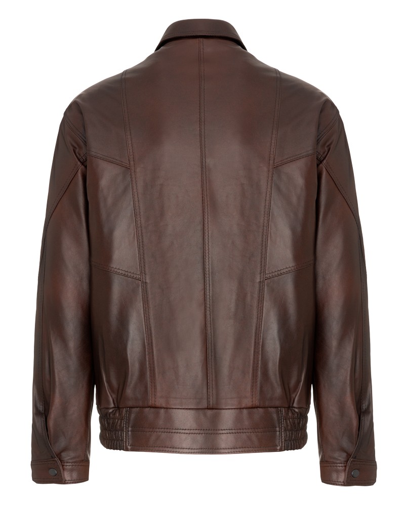 Kurtka skórzana męska w ciemnym brązie z klasycznym kołnierzem i elastycznym dołem