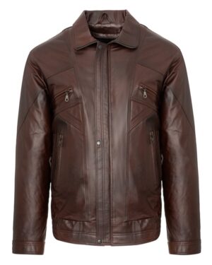 Kurtka skórzana męska w ciemnym brązie z zamkami, klasycznym kołnierzem i kieszeniami z przodu