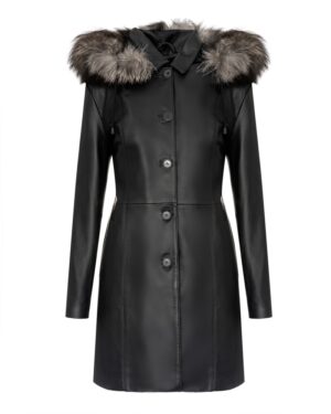 Płaszcz skórzany damski z kapturem, ozdobnym futerkiem i guzikami, idealna na zimowe dni