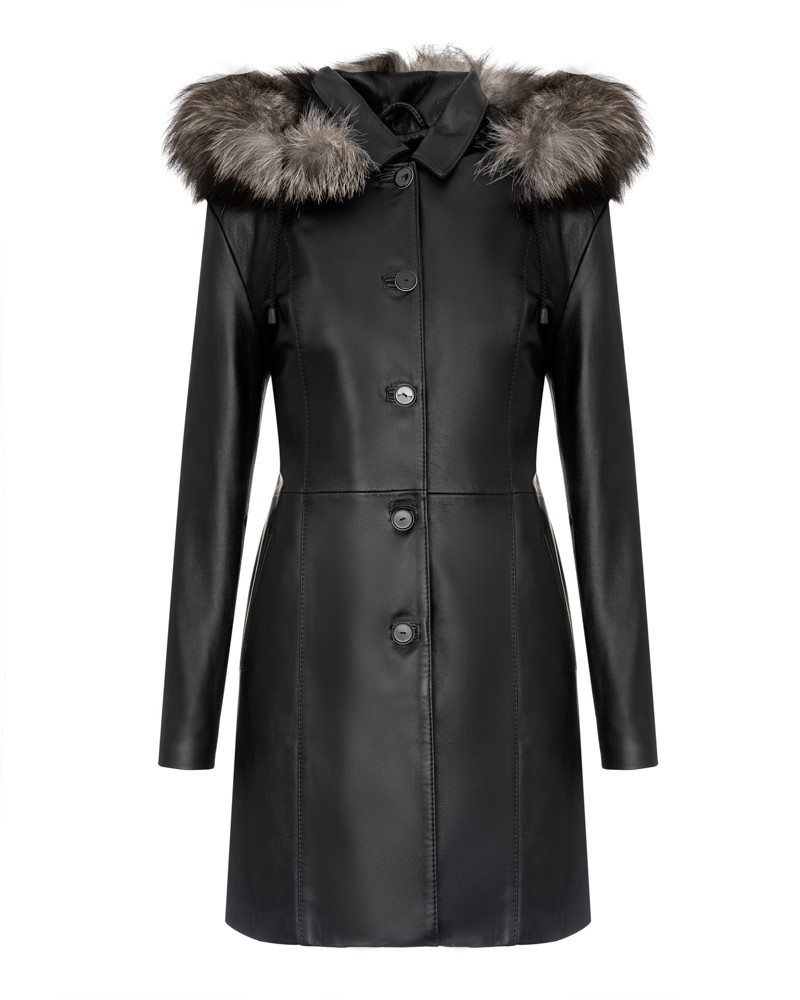 Płaszcz skórzany damski z kapturem, ozdobnym futerkiem i guzikami, idealna na zimowe dni