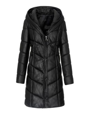Płaszcz skórzany damski z kapturem, pikowana, zapinana na zamek, z kieszeniami po bokach