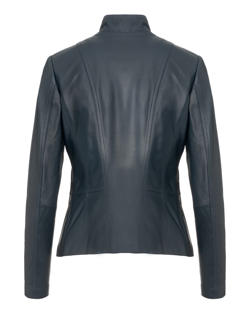 Kurtka skórzana damska w ciemnoniebieskim kolorze z dopasowanym krojem i stójką przy szyi