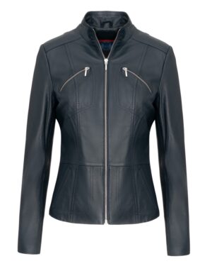 Kurtka skórzana damska w ciemnoniebieskim kolorze, dopasowany krój, z zamkami na piersiach i stójką