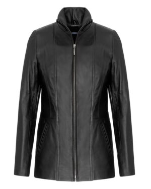 Kurtka skórzana damska w kolorze czarnym, z wysokim kołnierzem i delikatnym dopasowaniem w talii