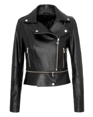 Kurtka skórzana damska w kolorze czarnym z asymetrycznym zapięciem i kieszeniami na suwak