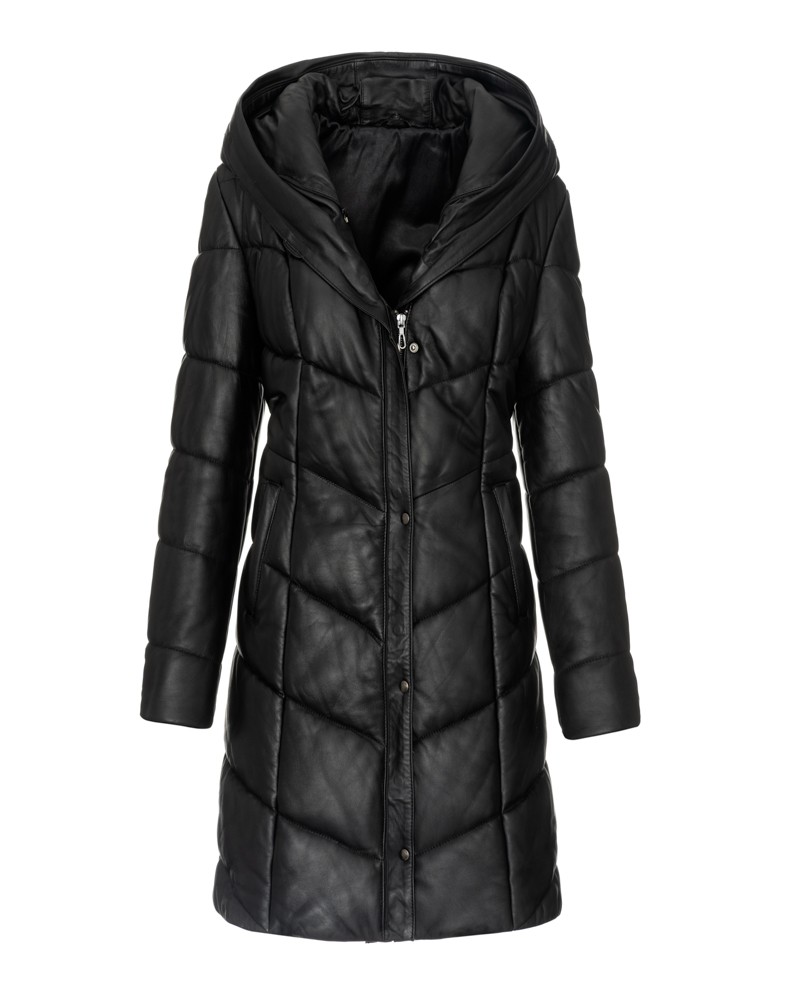 Płaszcz skórzany damski z kapturem, pikowana, z zamkiem i guzikami, idealna na zimowe dni