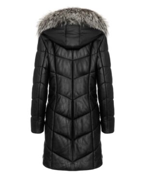 Płaszcz skórzany damski z kapturem i futrzanym wykończeniem, pikowana, o długim kroju