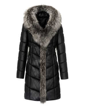 Płaszcz skórzany damski w kolorze czarnym z futrzanym kołnierzem i pikowanym wzorem