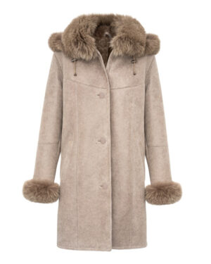 Kożuch damski w beżowym kolorze z futrzanym kołnierzem i mankietami, idealny na zimowe dni