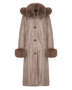 Kożuch damski w beżowym kolorze z futrzanym kapturem i mankietami, idealny na zimowe dni